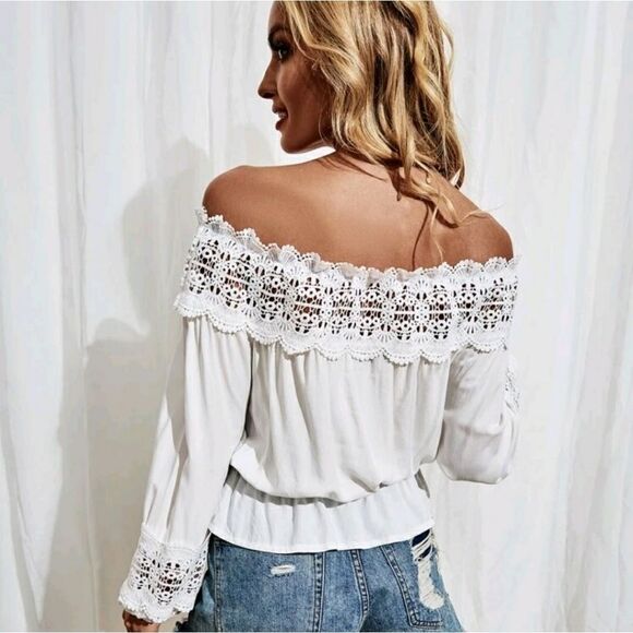 Lace Trim Off Shoulder Peplum Top - Picture 2 of 7